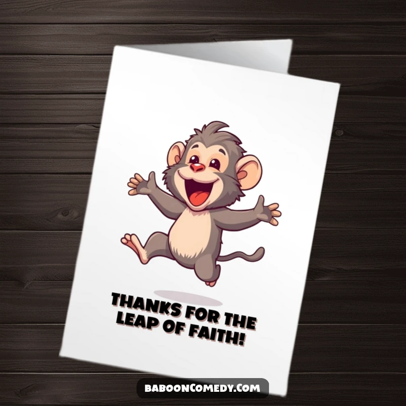 Funny Free Printable Thank You Card: Happy kawaii baboon leaping high, mouth open in a cheerful expression of thanks.