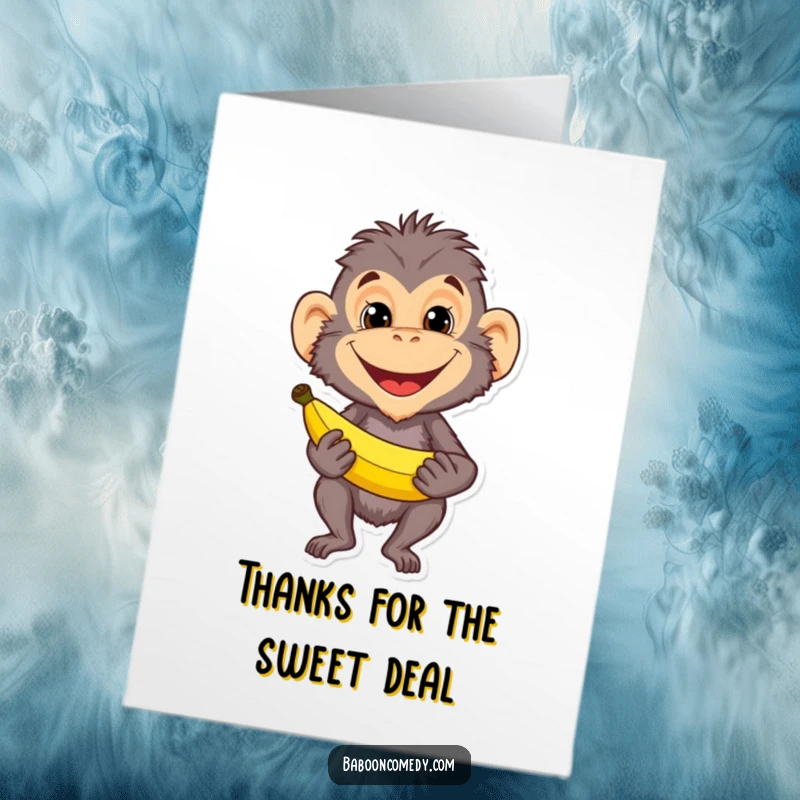 Funny Free Printable Baboon Thank You Card: A baboon beams with a banana, offering a mischievous and thankful greeting.