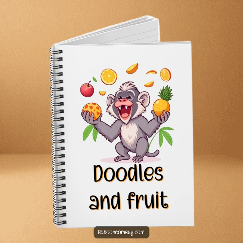 Funny Kawaii baboon notebook, depicting a gleeful primate tossing tropical fruits in the air and catching them, ideal for creative notes.
