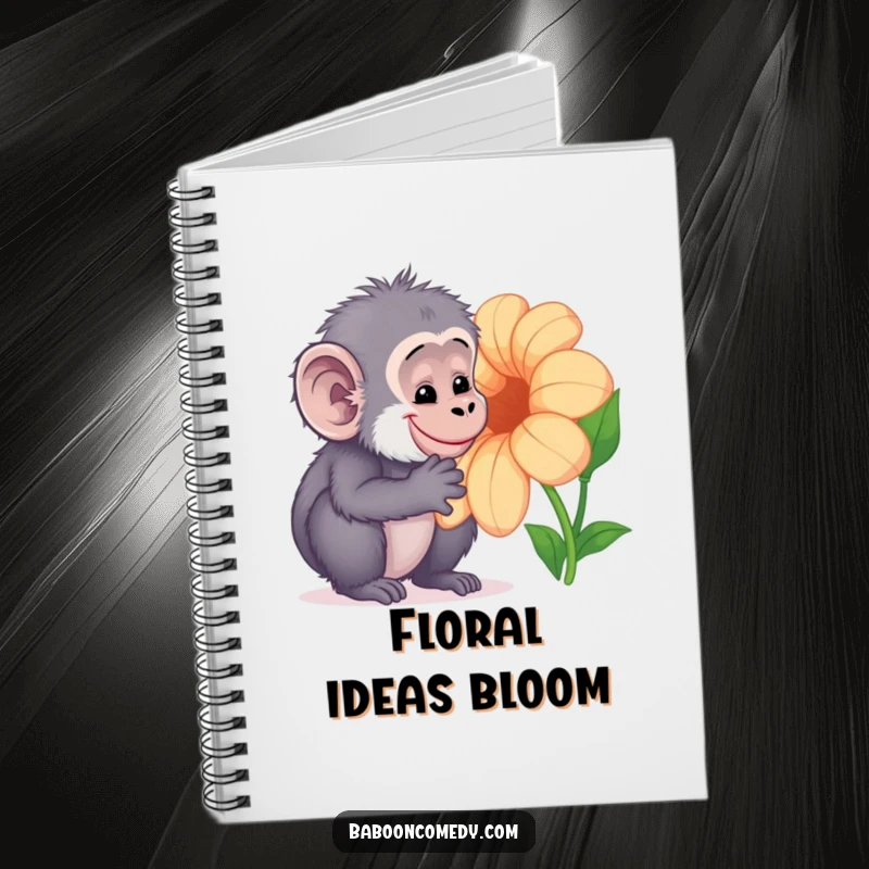 Funny Kawaii baboon notebook, depicting a curious primate gently examining a large, colorful flower with a sweet smile, ideal for journaling.