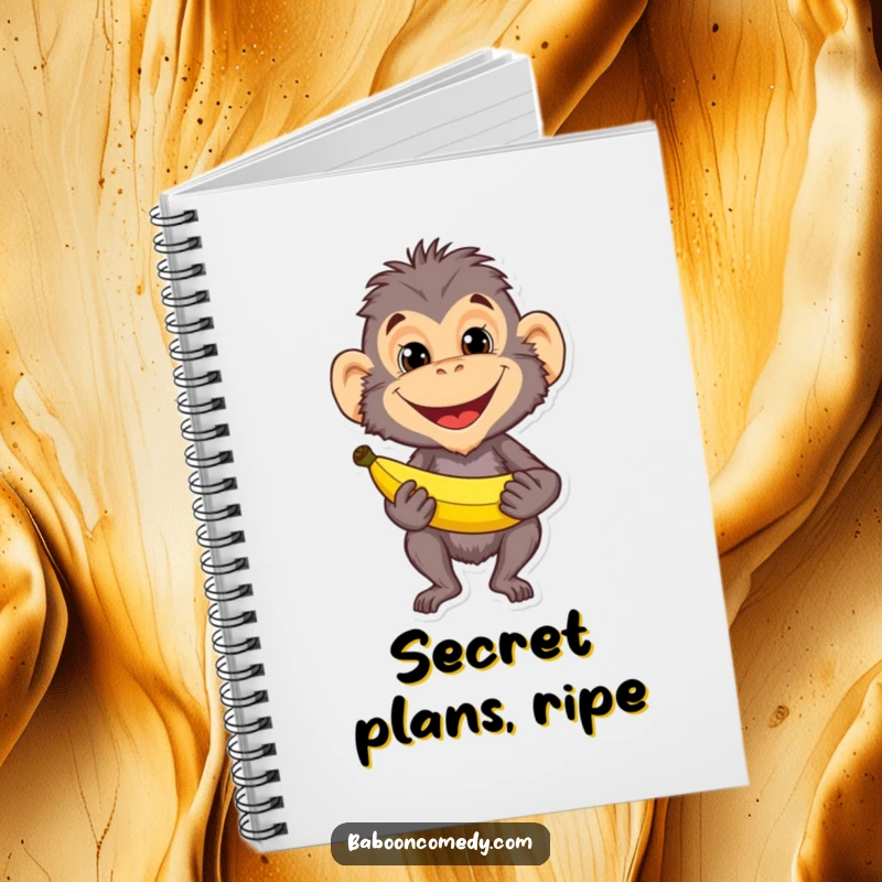 Funny baboon character with a mischievous grin holding a banana on a notebook cover. Ideal for journaling, planning, and doodling.