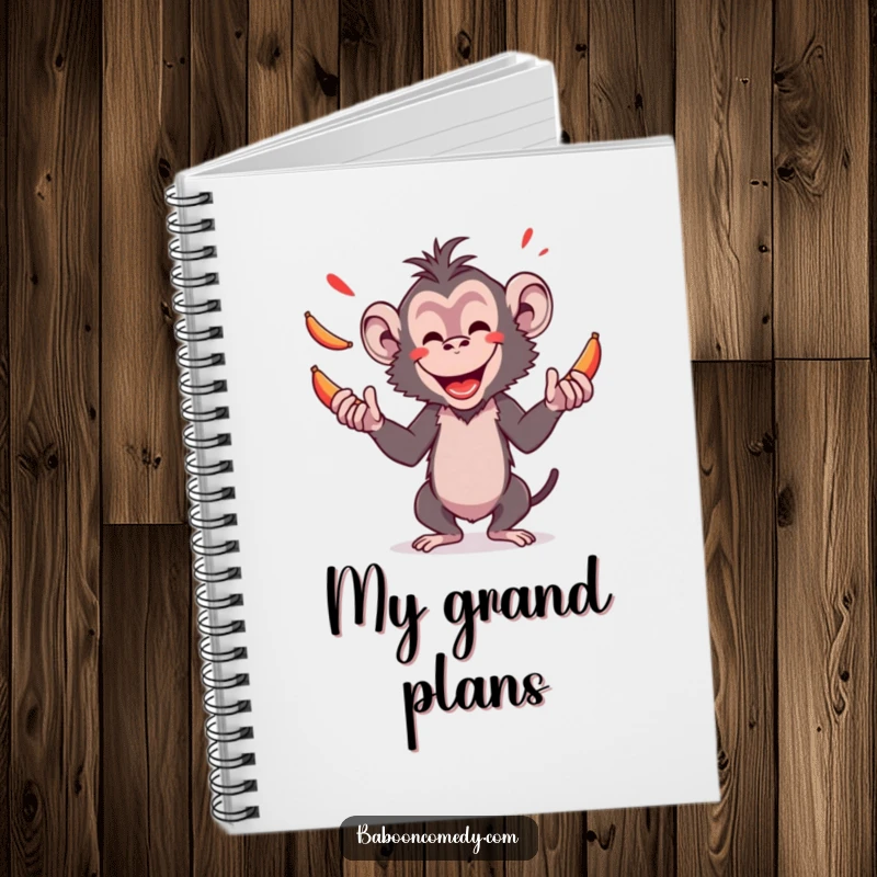 Funny notebook with an amused baboon character expertly juggling red bananas, providing a delightful cover for notes and ideas.