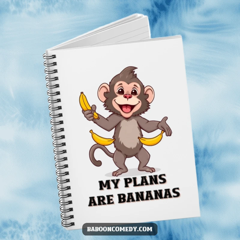 Funny baboon notebook, a skilled primate happily juggling bananas, perfect for jotting down notes with a dose of primate talent.