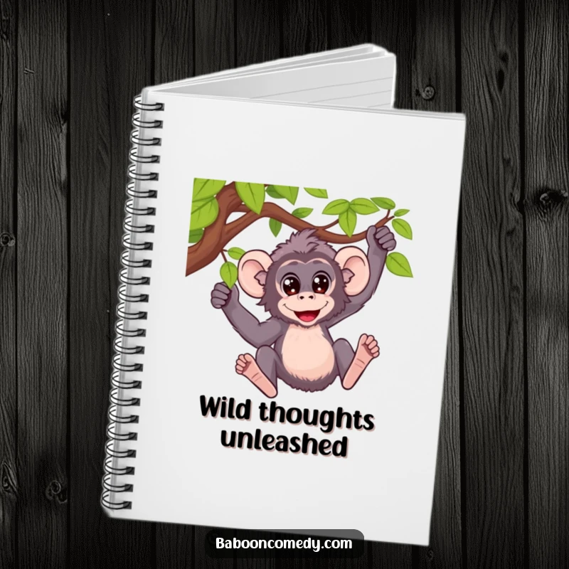 Funny notebook featuring a baboon with wide, curious eyes swinging from a vine, ready for creative thoughts.