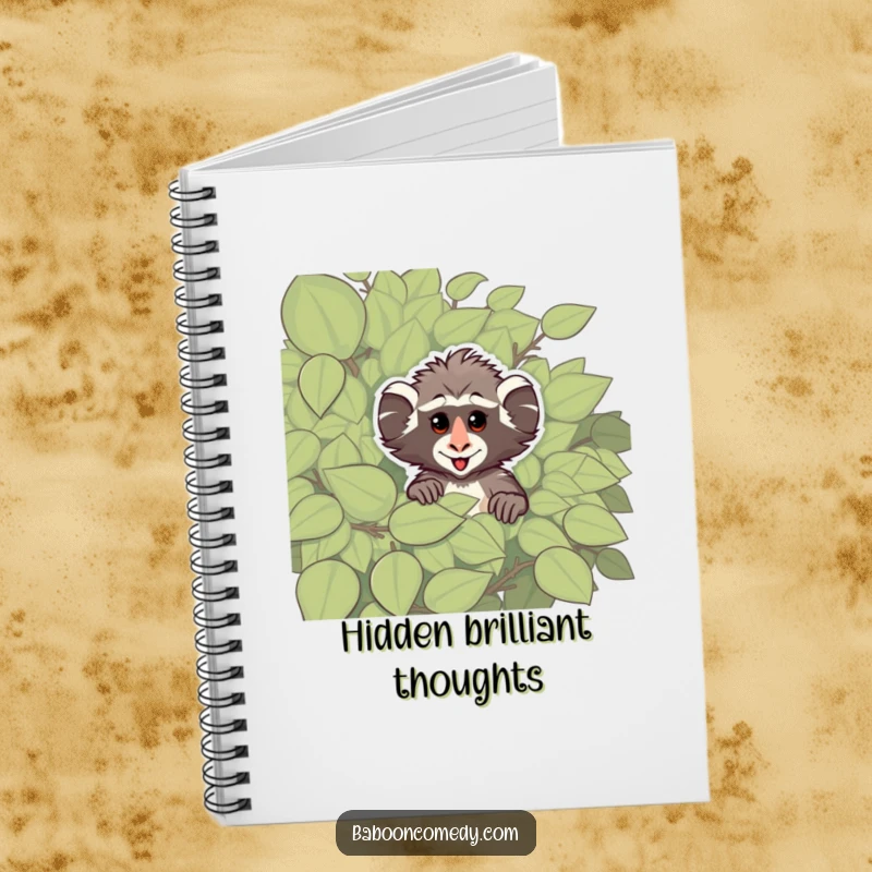 Funny notebook featuring a cheeky baboon peeking from a leafy bush, designed for jotting down notes with primate-themed playful intrigue.
