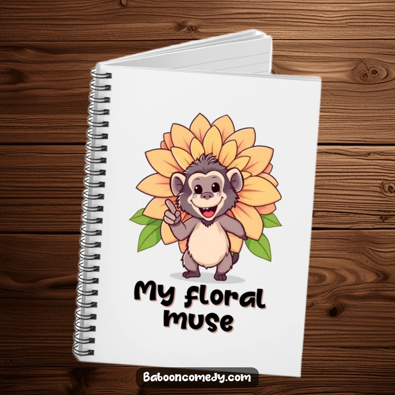 Funny notebook cover with a happy baboon pointing proudly at a giant, blooming flower, perfect for nature notes.
