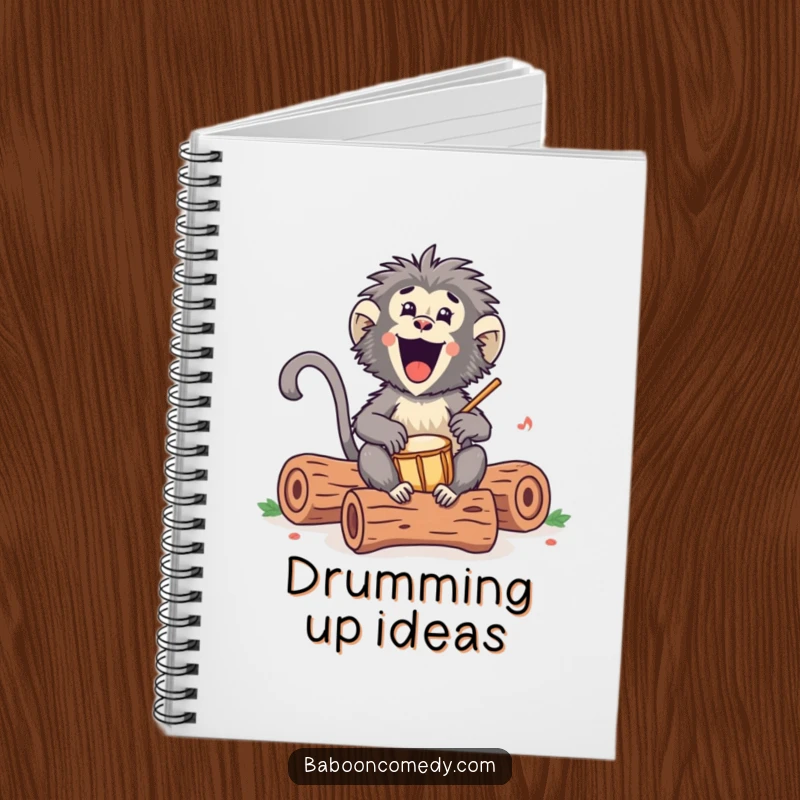 Funny Kawaii baboon notebook, depicting an excited primate drumming on hollow logs, perfect for creative writing and musical inspiration.