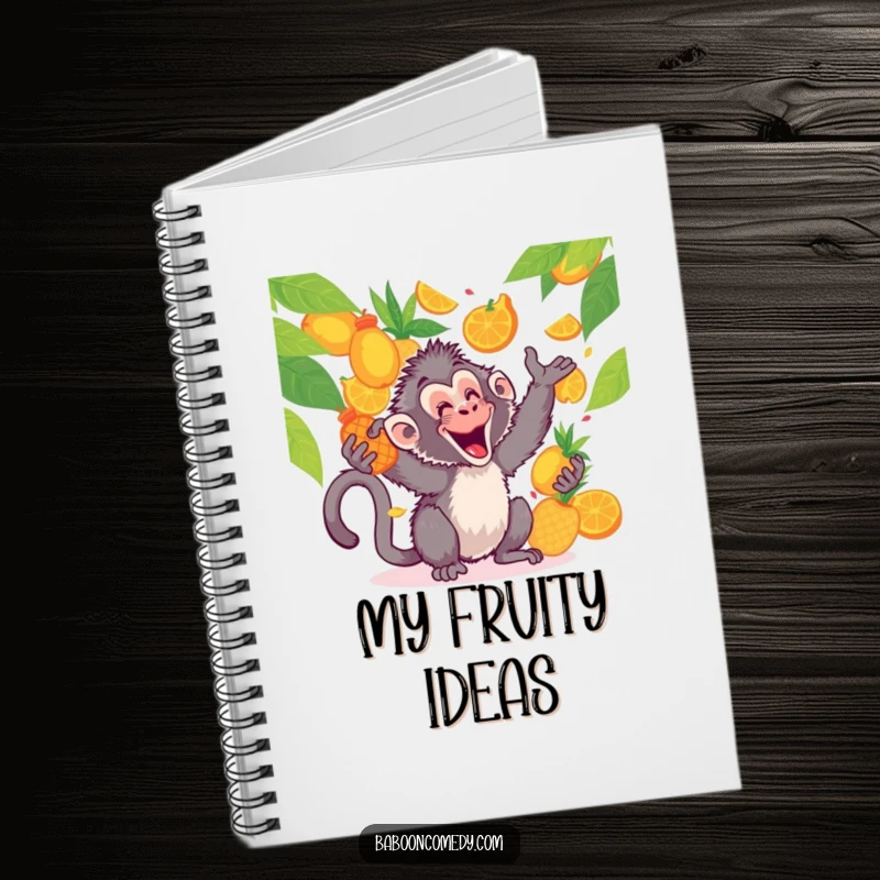 Funny kawaii baboon notebook, jotting down fruity ideas while juggling fruits, a colorful and funny journal.