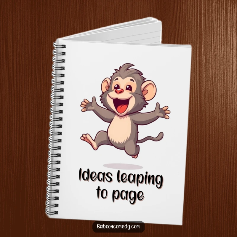 Funny Kawaii baboon notebook, featuring a cute primate leaping with an open mouth, ready to capture thoughts and dreams.