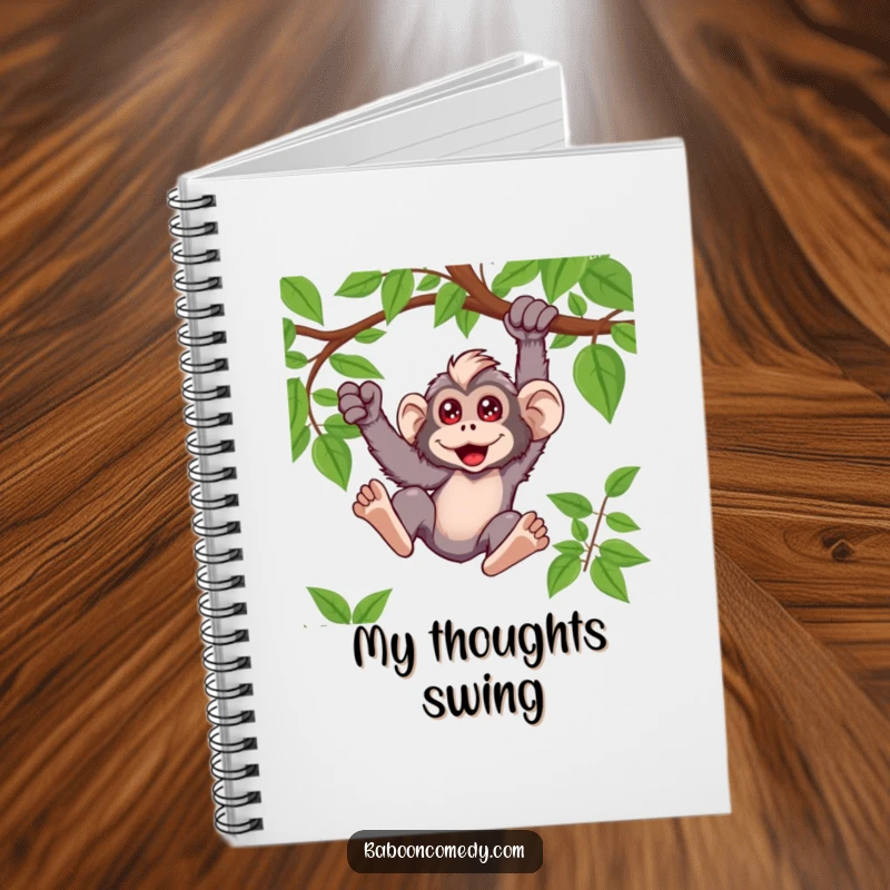 Funny kawaii baboon notebook cover showing a primate swinging joyfully from a vine, ready for your notes.
