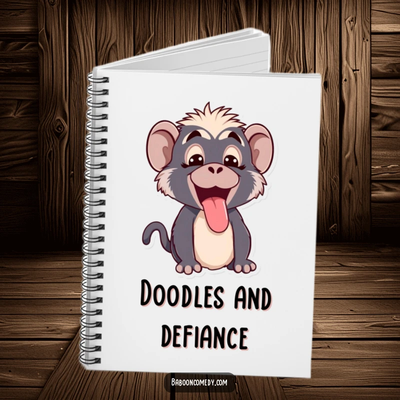 Funny Kawaii baboon notebook, showing a cute baboon making a funny face and sticking its tongue out, ready for notes.