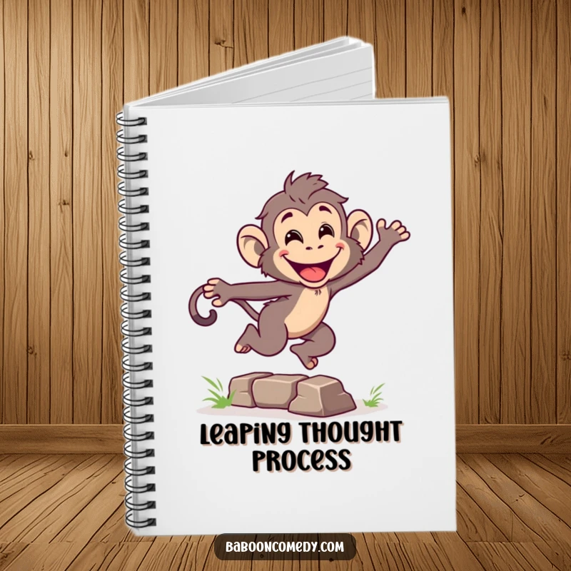 Funny notebook with an energetic baboon leaping over an obstacle with a grin, designed for capturing ideas with primate action.