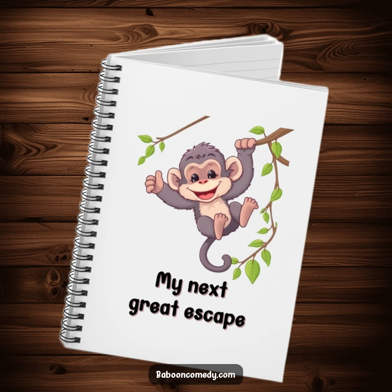Funny notebook with a mischievous baboon swinging from a vine, encouraging creative writing with jungle-themed fun.