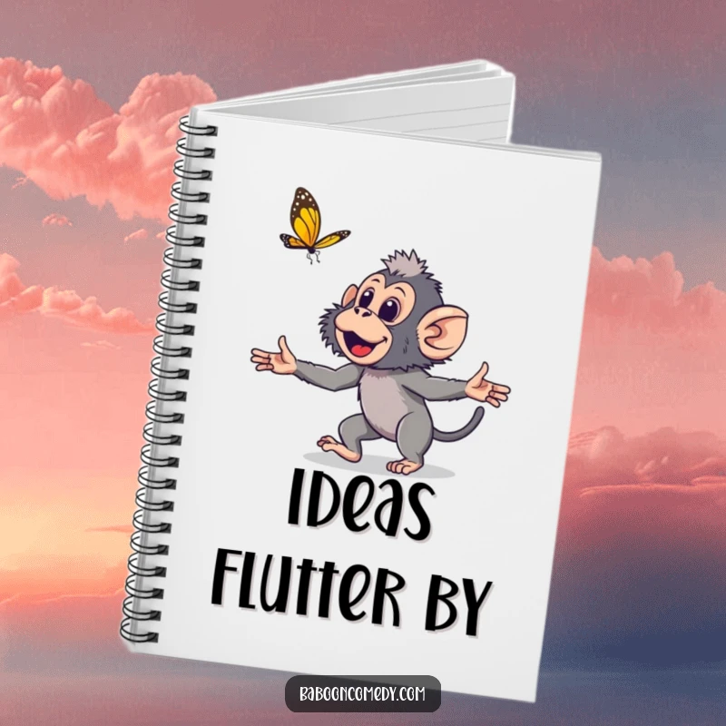 Funny young baboon notebook, a cute primate with arms wide, playfully chasing a butterfly, perfect for jotting down playful thoughts.