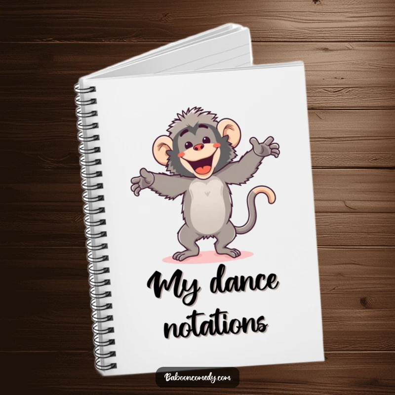 Funny kawaii baboon notebook, jotting down dance moves with energetic scribbles and a happy grin, a dynamic and funny journal.