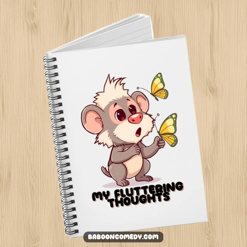 Funny notebook featuring a baboon looking surprised by a fluttering butterfly, encouraging whimsical note-taking.