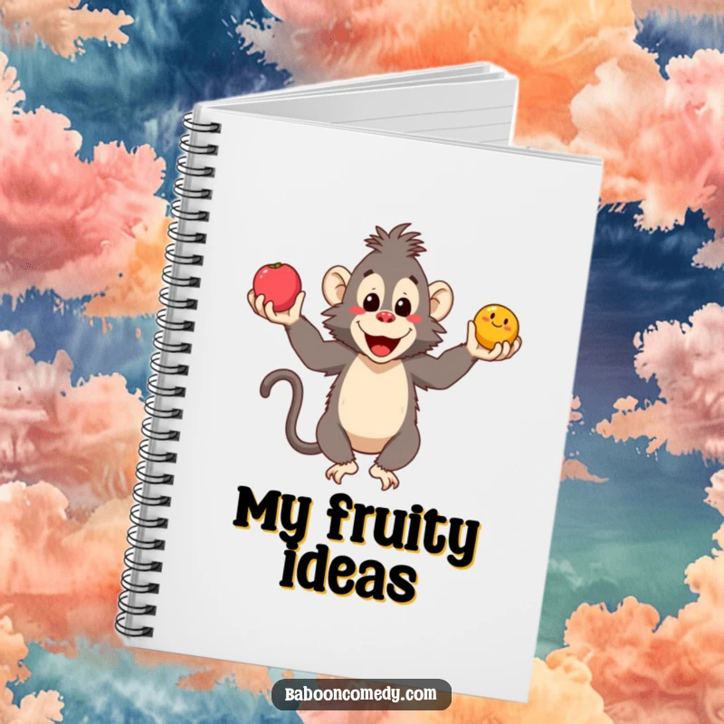 Funny baboon notebook with a smiling ape juggling fruits on the cover, perfect for notes, thoughts, and creative ideas.