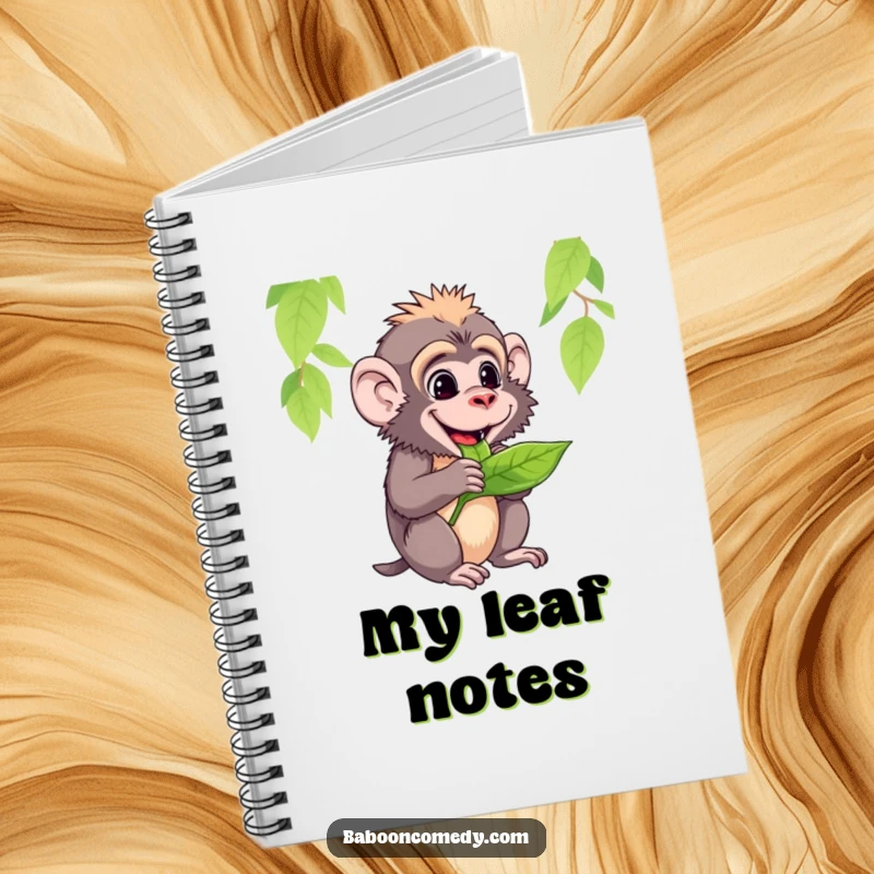 Funny notebook featuring a baboon contentedly chewing a tasty leaf, encouraging peaceful note-taking.