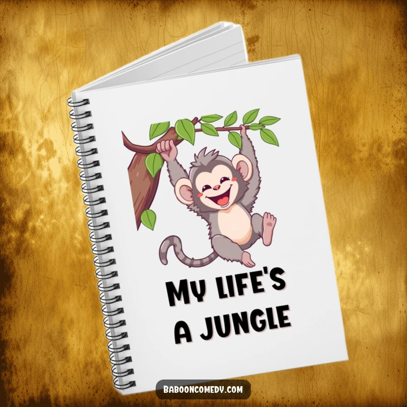 Funny kawaii baboon notebook, a cheerful primate swinging from a vine, perfect for capturing notes with a dose of primate joy.