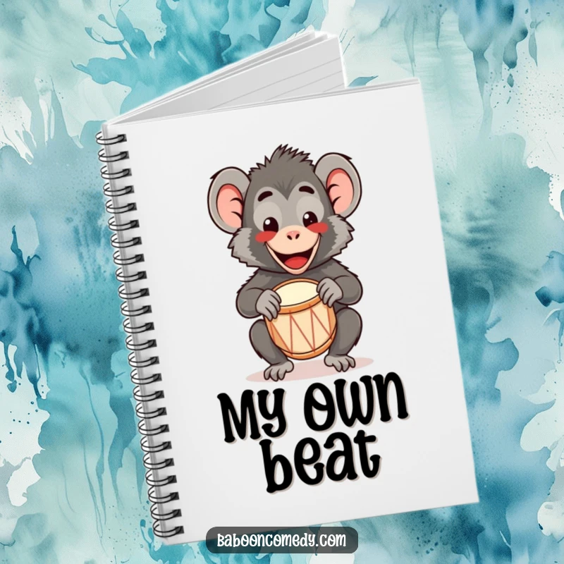 Funny Kawaii Baboon Notebook: A happy kawaii baboon plays a tiny drum with a wide smile, perfect for jotting down happy thoughts.