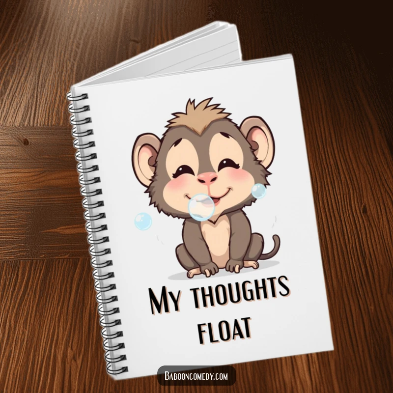 Funny baboon notebook featuring a playful bubble-blowing character, perfect for creative writing and doodling, a charming funny gift.
