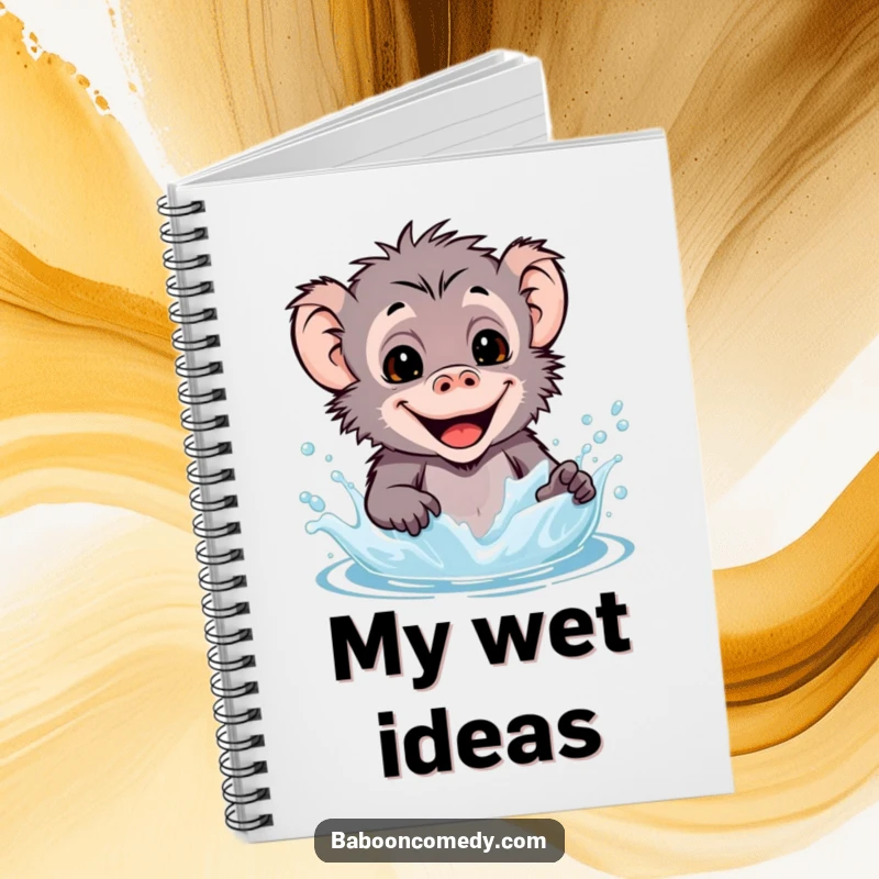 Funny kawaii baboon notebook cover showing a happy primate splashing water, ready for your bright ideas.