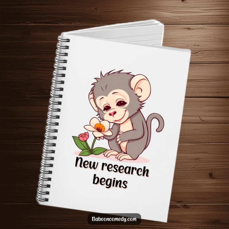 Funny notebook with a design of a baboon showing delight while curiously examining an exotic flower.