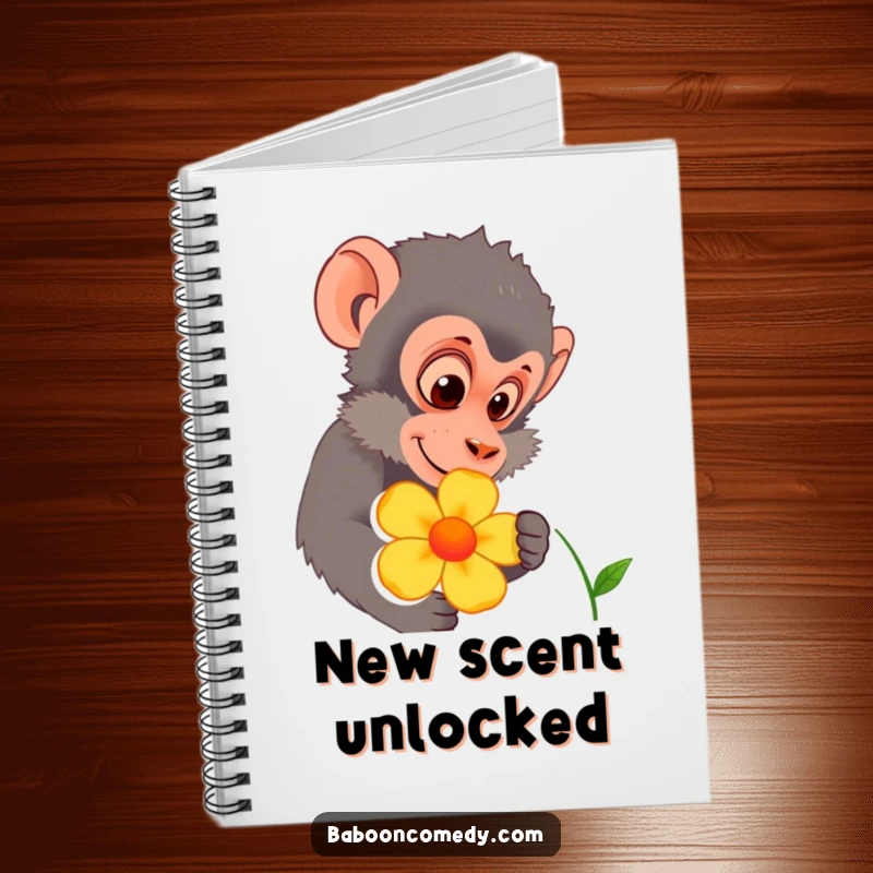 Funny baboon character curiously inspecting a colorful flower on a notebook cover. Ideal for journaling, sketching, and nature studies.