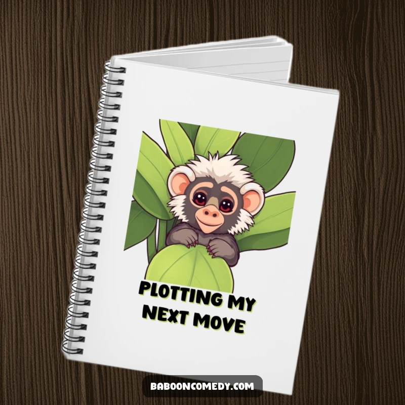 Funny Kawaii Baboon Notebook, with a cute baboon peeking playfully from behind a large, leafy plant.