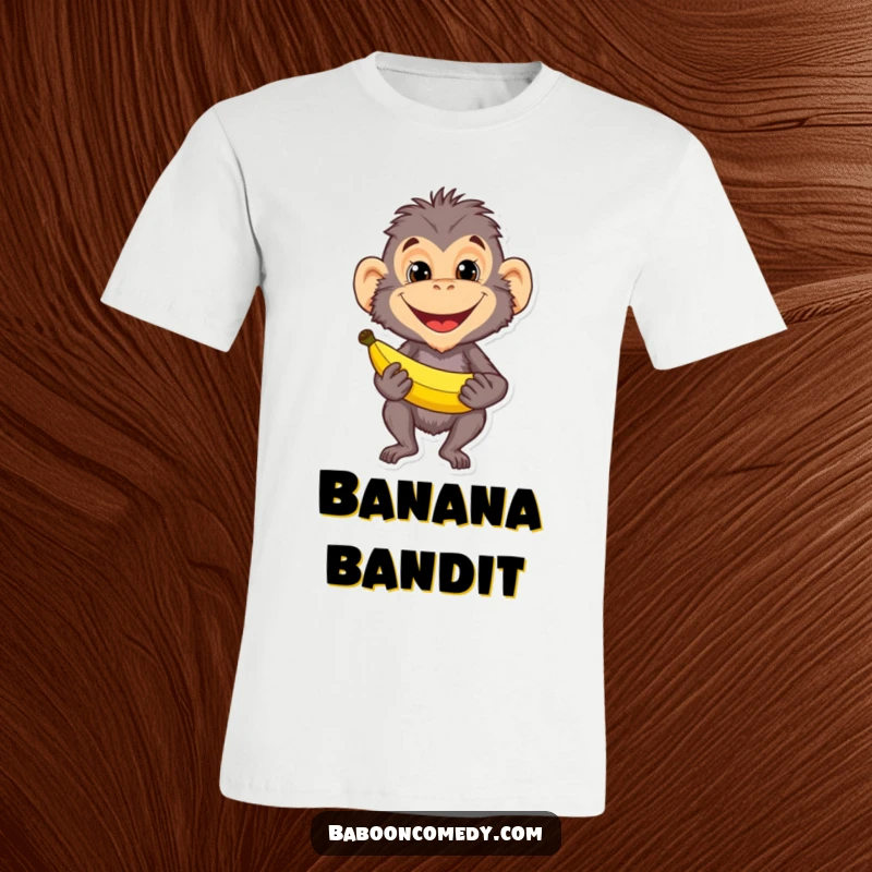 Funny baboon character sporting a mischievous grin while holding a banana, printed on a t-shirt. Ideal for pranksters and banana fans.