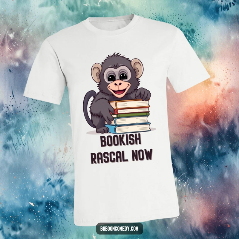 Funny T-shirt showcasing a mischievous baboon peeking over a pile of books, sharing a secret giggle, perfect for readers.