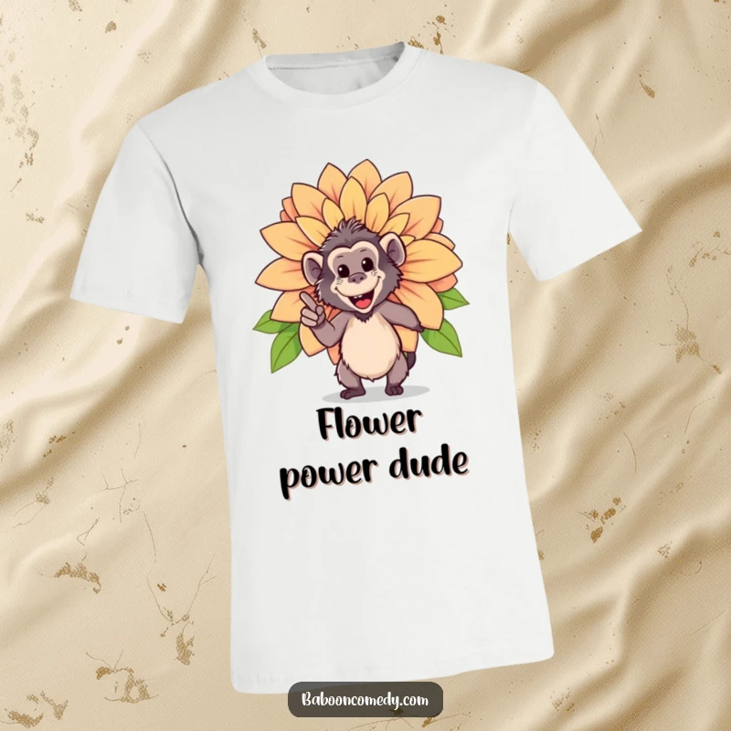 Funny T-shirt featuring a happy baboon proudly gesturing towards a large, beautifully bloomed flower, showcasing nature's splendor.