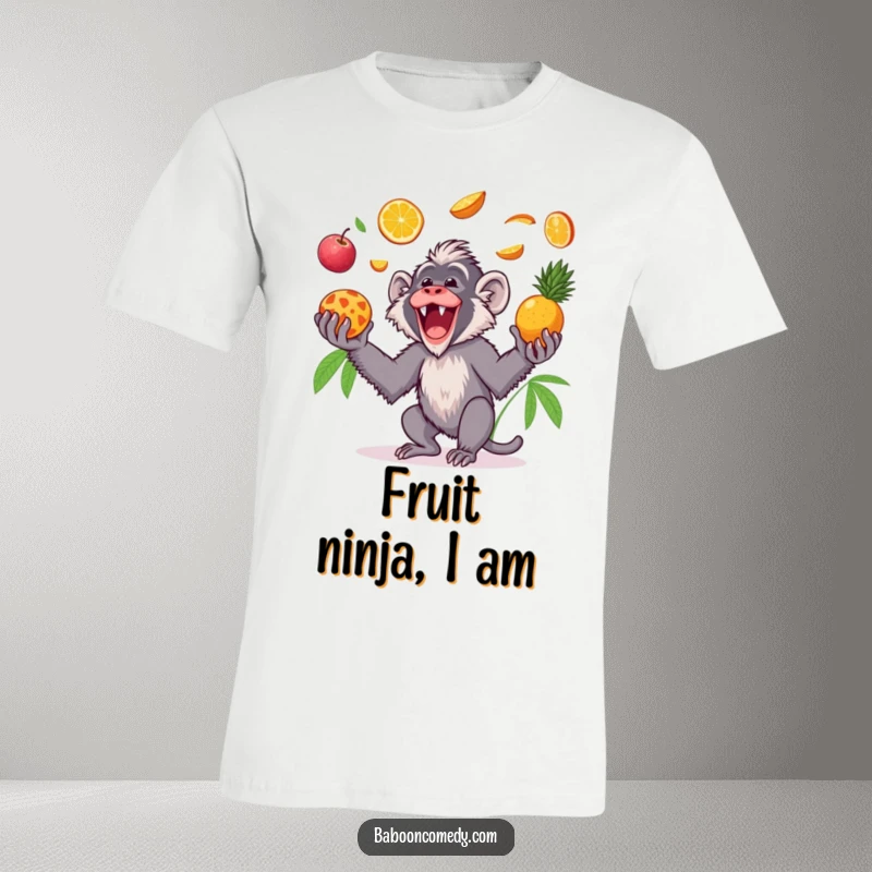 Funny Kawaii baboon t-shirt, depicted gleefully tossing tropical fruits in the air and catching them with energy and happiness.