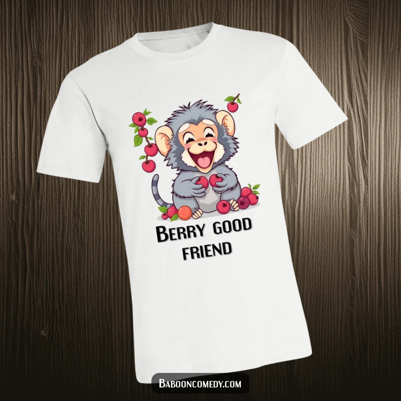 Funny t-shirt showing a happy baboon sharing a big pile of colorful berries with its delighted friend, emphasizing friendship.