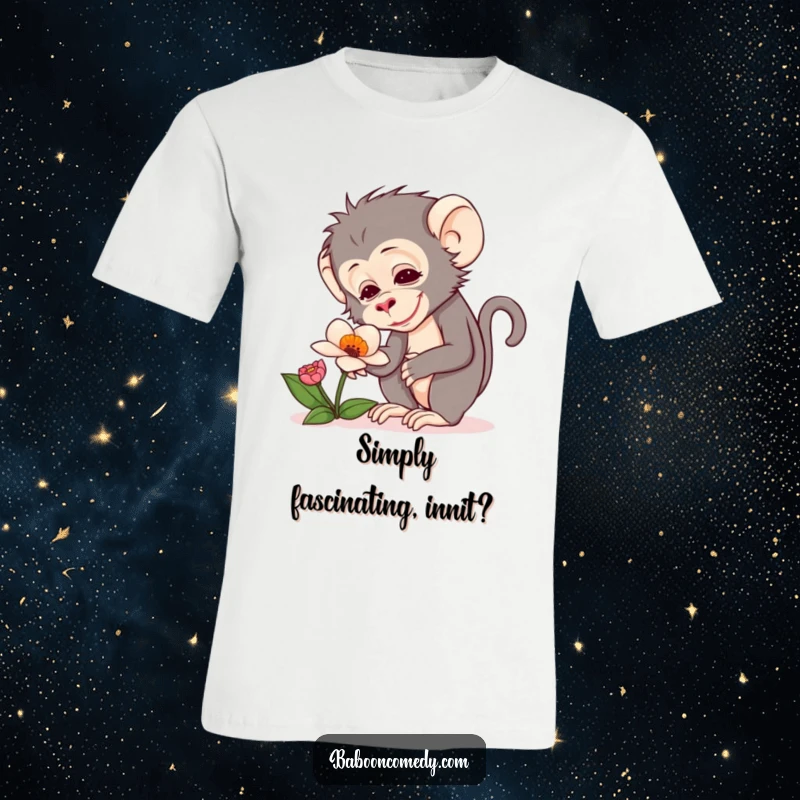 Funny t-shirt depicting a baboon with wide, curious eyes examining a strange and beautiful flower with evident delight.