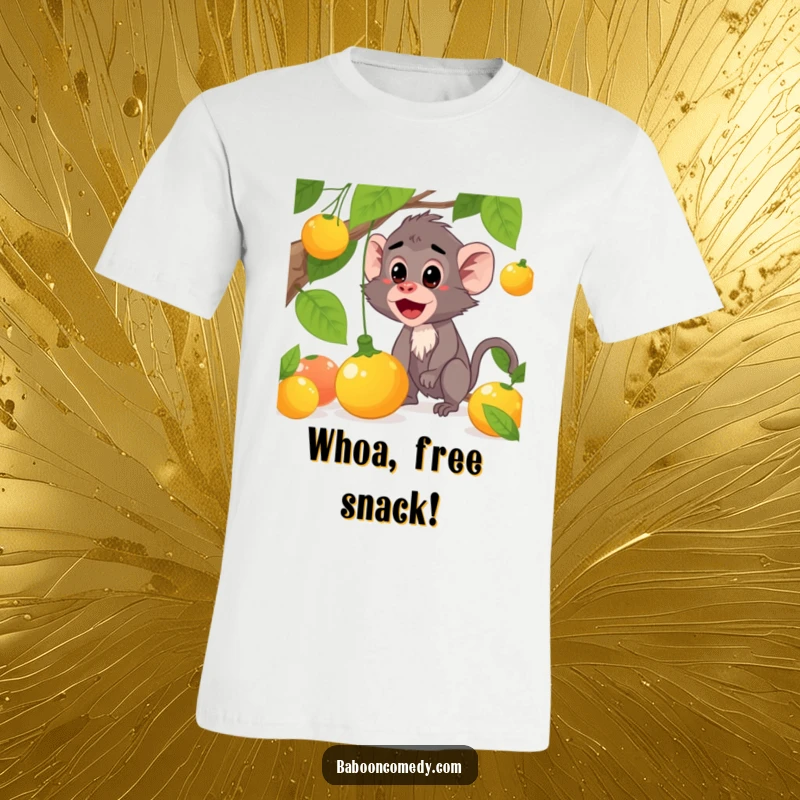 Funny baboon t-shirt featuring a surprised character with a falling fruit, capturing a humorous moment, a great funny gift.