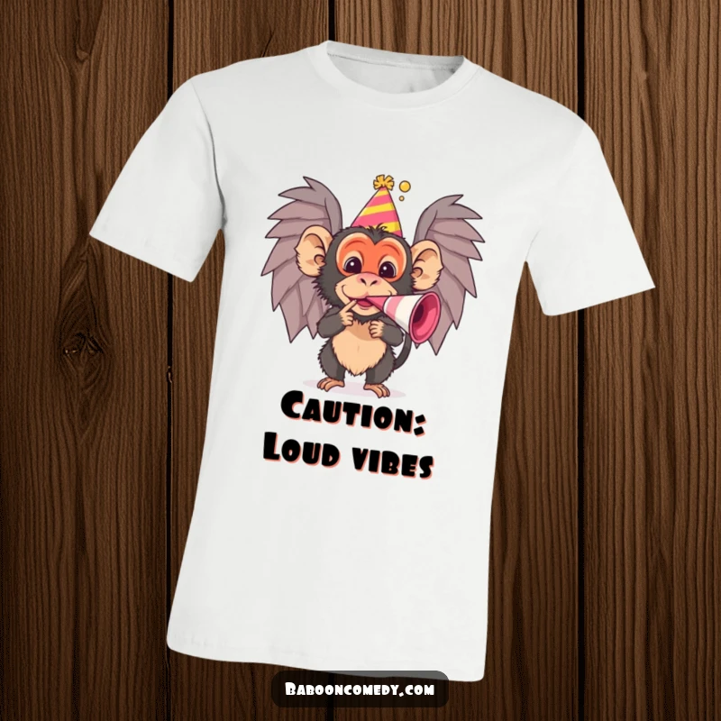 Funny baboon t-shirt, wearing a party hat and blowing a noisemaker, ideal for a funny gift and festive occasions.