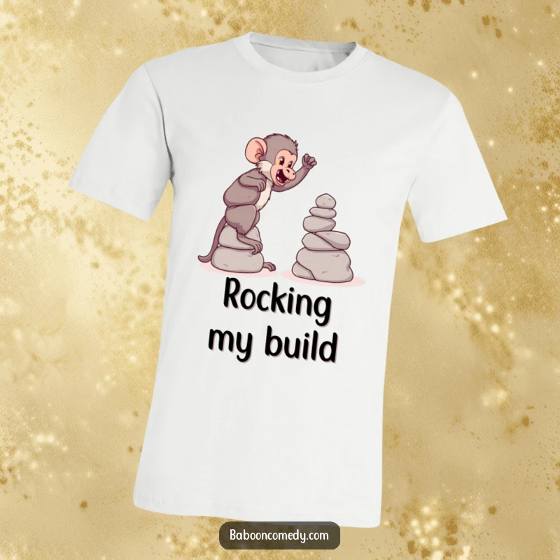 Funny T-shirt featuring a playful baboon meticulously stacking large, round stones into a tower, showing off construction skills.