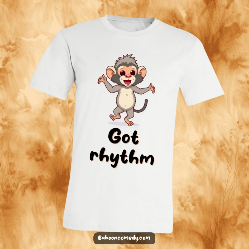Funny baboon t-shirt featuring a cool ape busting out groovy dance moves with infectious energy and rhythmic footwork.