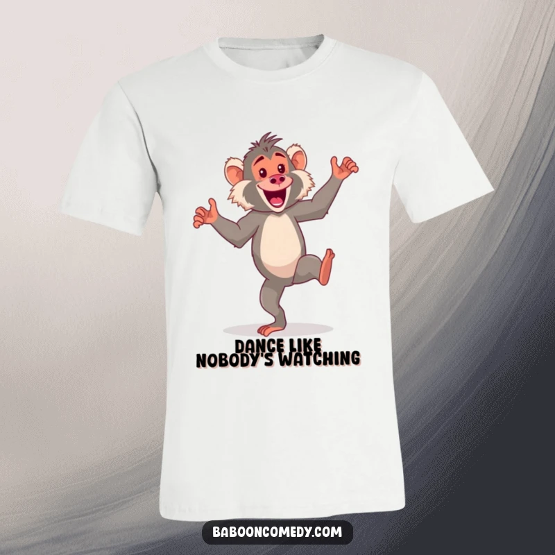 Funny kawaii baboon t-shirt, an excited primate doing a comical dance on its hind legs, radiating pure joy.