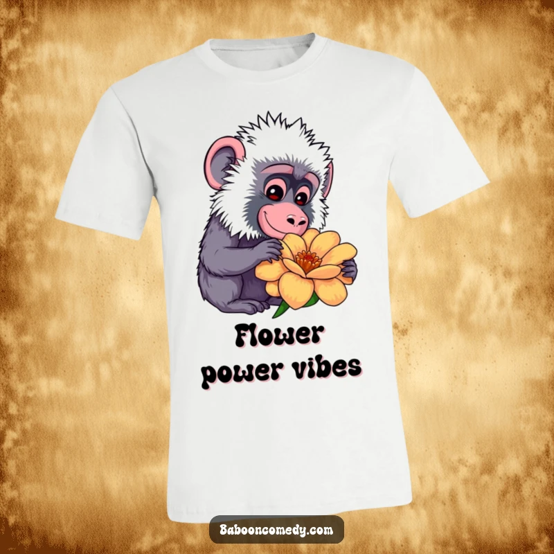 Funny kawaii baboon wearing a t-shirt, curiously inspecting a large, colorful flower with a gentle, happy smile.