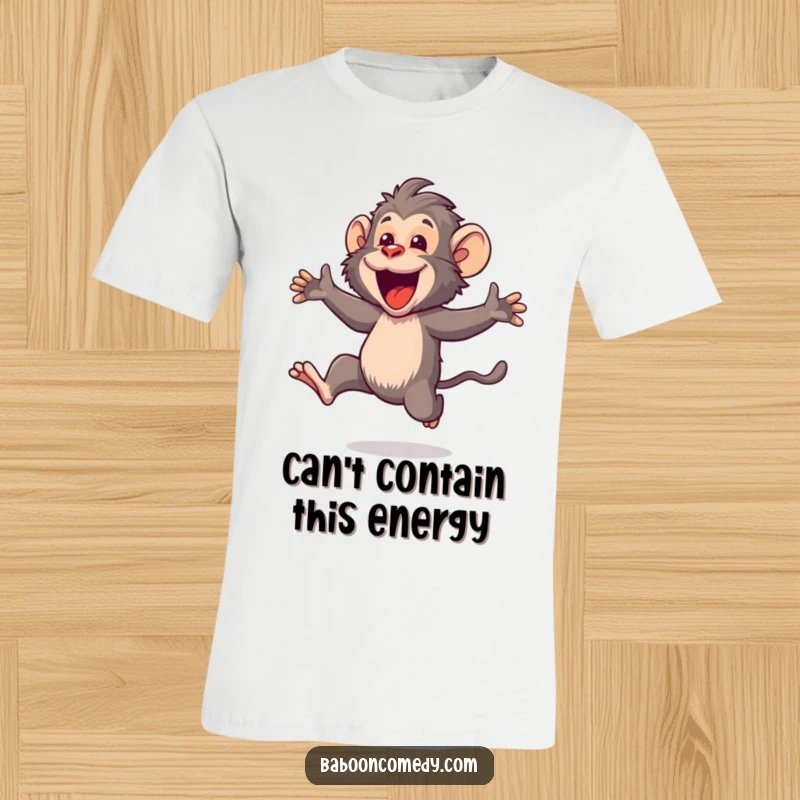 Funny Kawaii baboon t-shirt, depicted mid-air, joyfully leaping with an ecstatic open-mouthed expression, radiating sheer happiness.