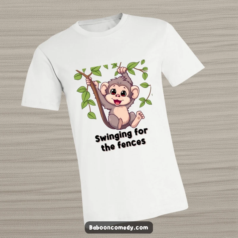 Funny Kawaii baboon t-shirt, joyfully swinging from a vine, eyes wide with excitement, embodying pure, unadulterated primate happiness.