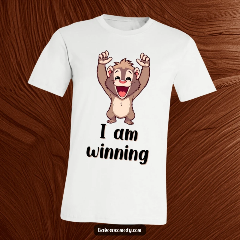 Funny baboon t-shirt depicting an ecstatic primate raising both arms high in a powerful cheer, radiating excitement.