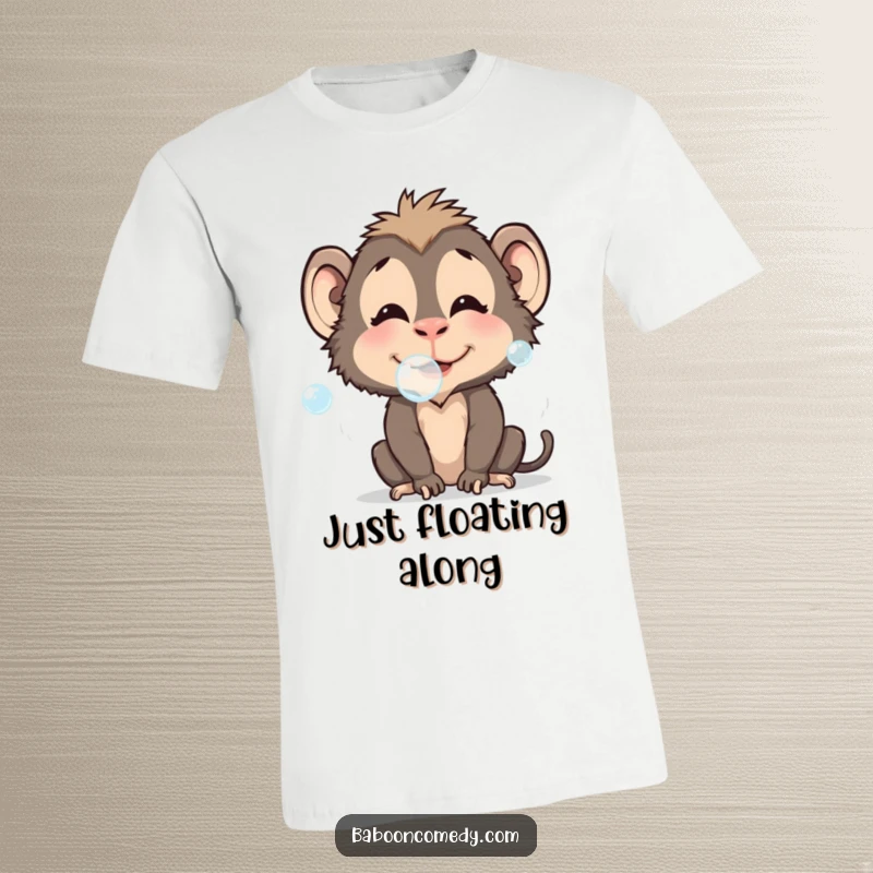 Funny baboon t-shirt showing a character with puffed cheeks blowing bubbles, embodying playful fun, a great funny gift.