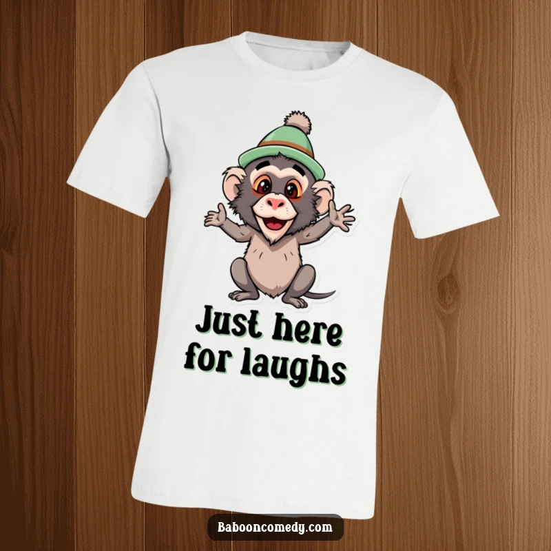 Funny baboon t-shirt, a primate wearing a comically oversized silly hat and striking a bold, funny pose, radiating pure absurdity.