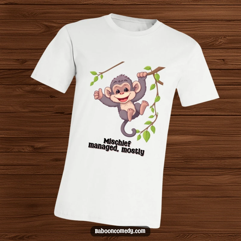 Funny t-shirt showcasing a mischievous baboon swinging dynamically from a vine, radiating pure, playful energy.