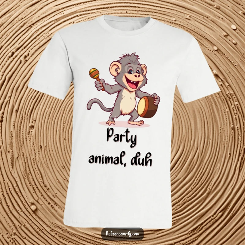 Funny t-shirt of a joyful baboon energetically dancing with a drum and maracas, radiating pure celebration.