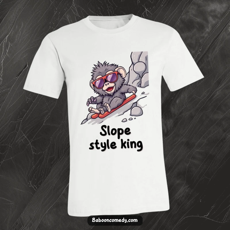 Funny kawaii baboon t-shirt, a chill primate sporting huge sunglasses, gracefully sliding down a rocky mountain path.