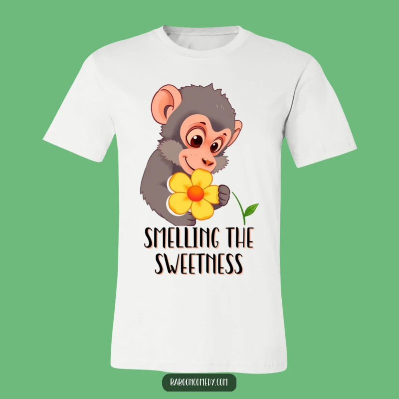 Funny Baboon Flower Inspect T-Shirt: Curious Primate Nature Tee